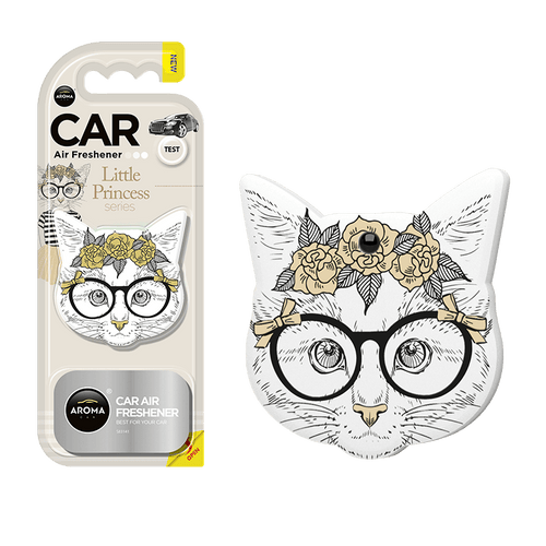Опаковка на автомобилен ароматизатор с дизайн на котка с очила и цветя