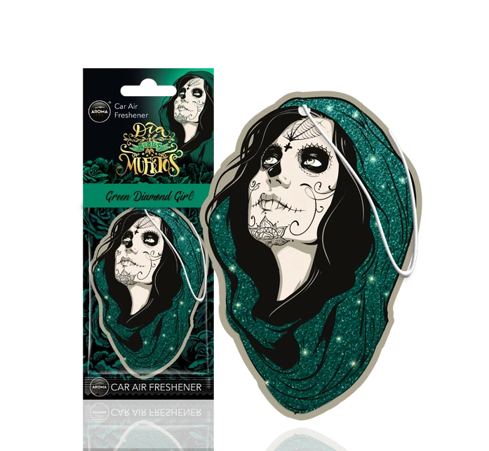 Автомобилен ароматизатор с декоративна опаковка, изобразяваща стилизиран лицев дизайн