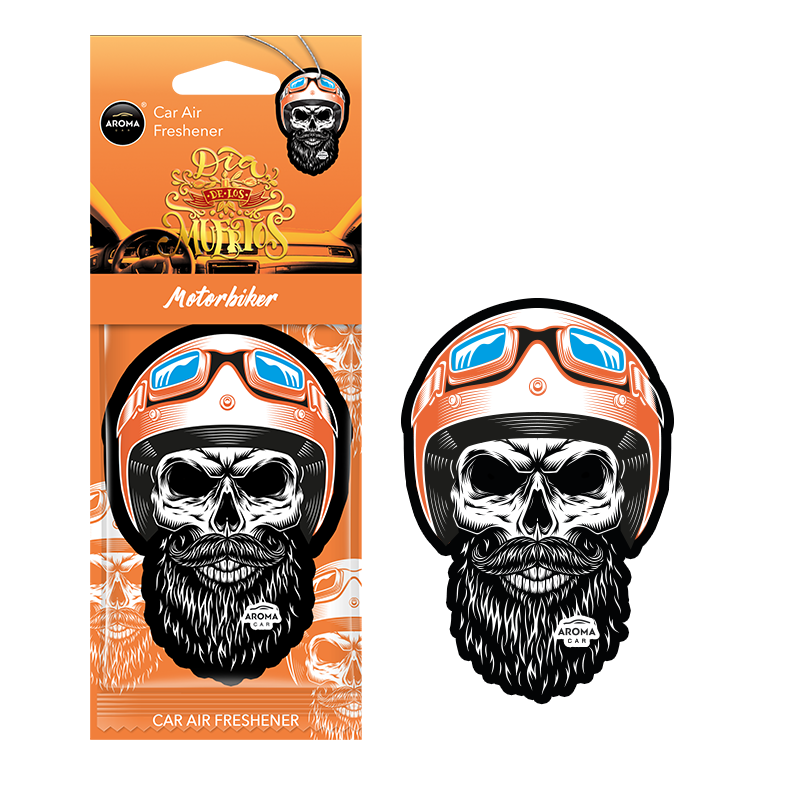 Автомобилен ароматизатор с дизайн на череп с каска и оранжева опаковка