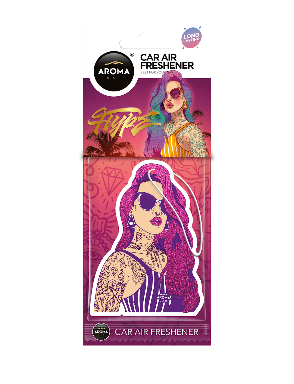 Опаковка на автомобилен ароматизатор с стилизирана женска портретна илюстрация и цветен дизайн.